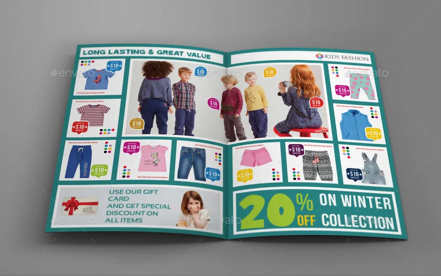 Brochure gấp đôi danh mục sản phẩm thời trang trẻ em (indd, idml) Brochure gấp đôi danh mục sản phẩm thời trang trẻ em (indd, idml)