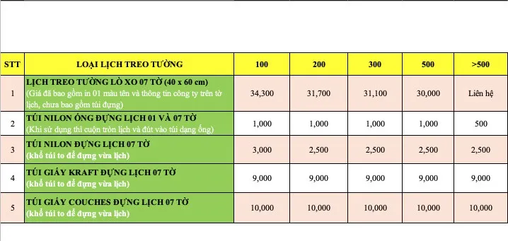 Báo giá in lịch treo tường