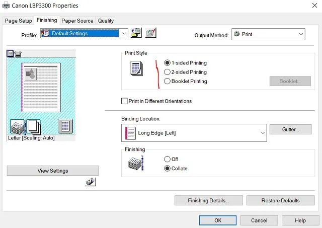 Lựa chọn số mặt in Lựa chọn số mặt in