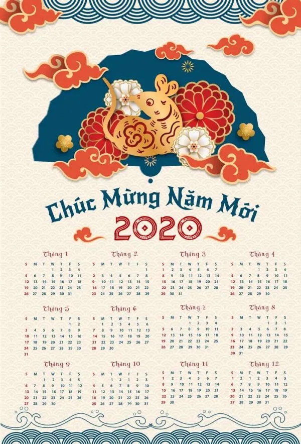 Mẫu lịch tết treo tường chủ đề con giáp