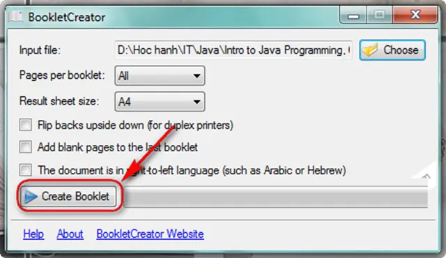 Ấn Create booklet để tạo sách Ấn Create booklet để tạo sách