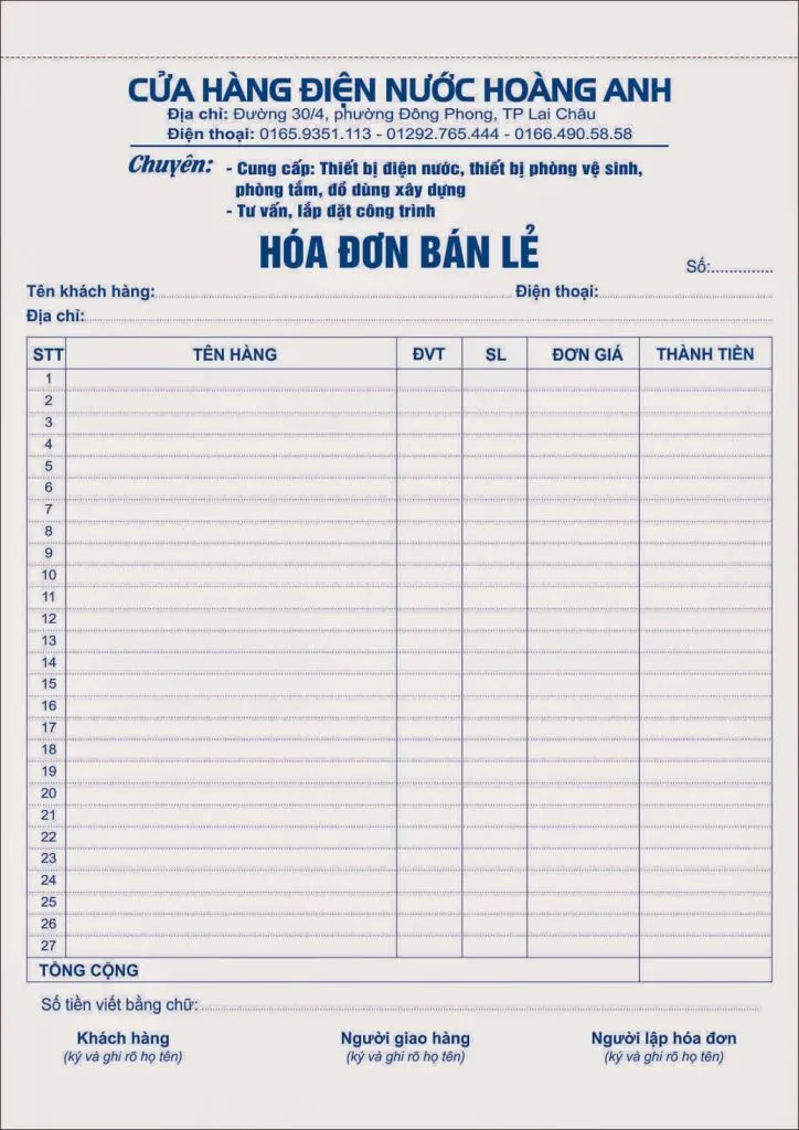 Hóa đơn bán lẻ điện nước Hoàng Anh